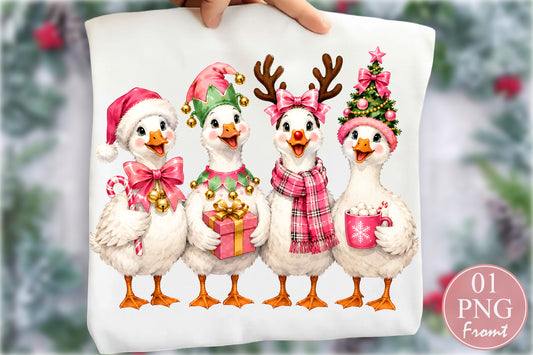 Cute Pink Christmas Goose Family PNG Festive Holiday Sublimation Design