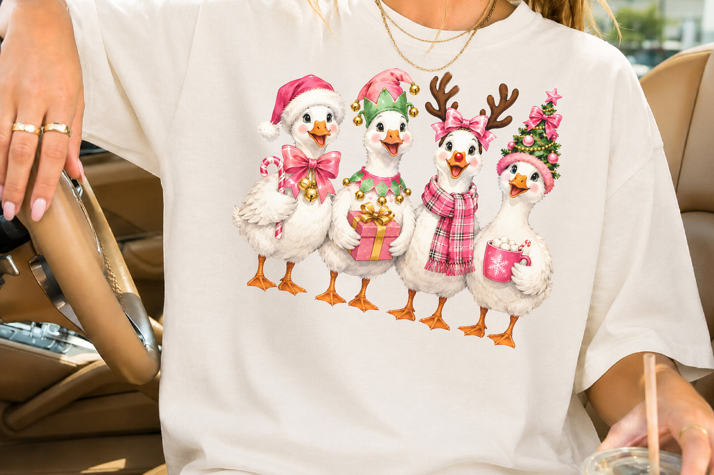 Cute Pink Christmas Goose Family PNG Festive Holiday Sublimation Design