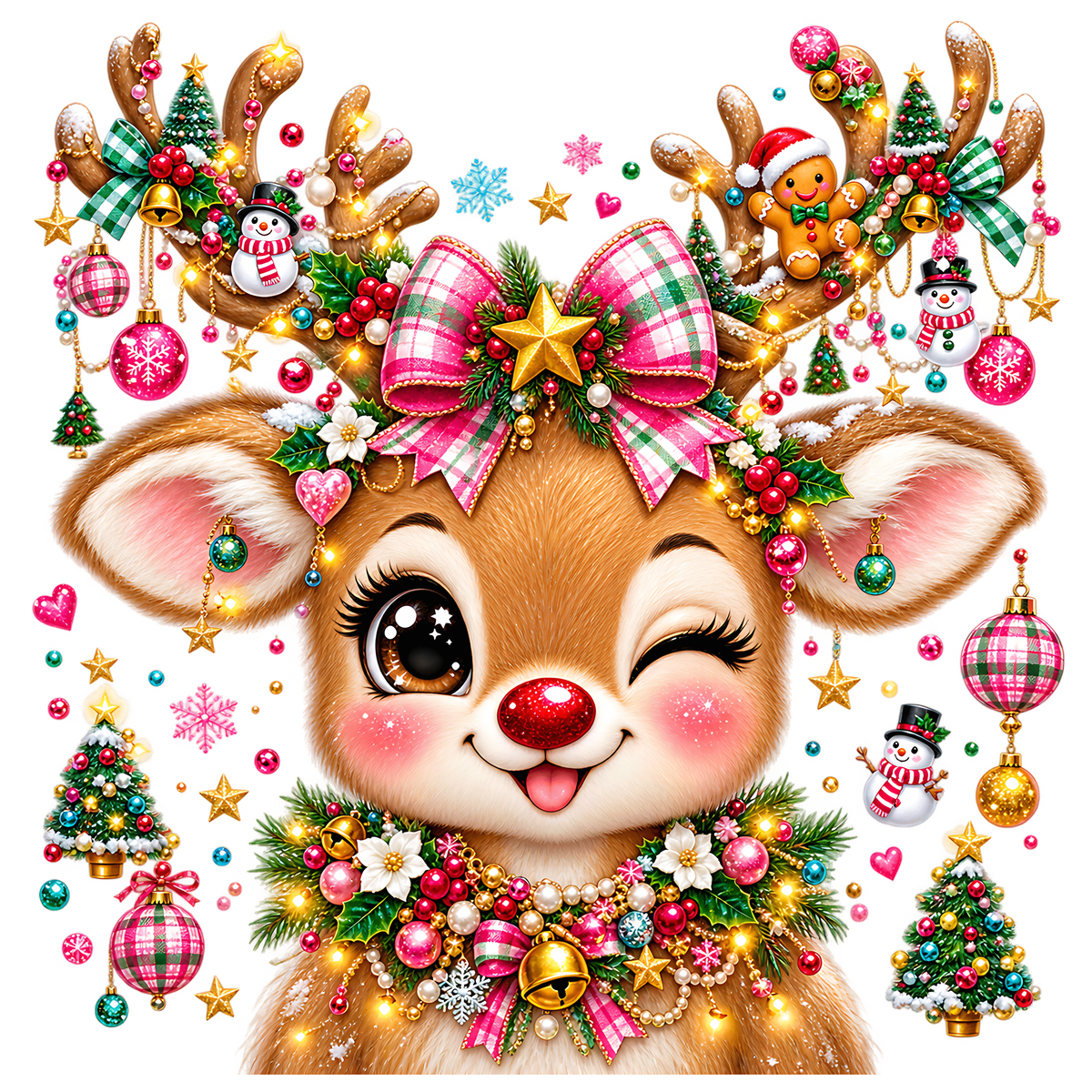 Cute Pink Christmas Reindeer PNG