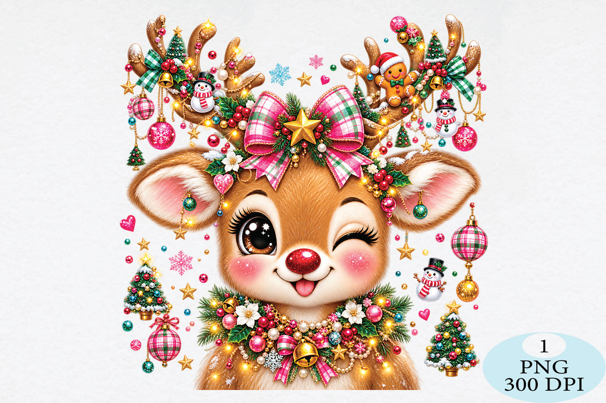 Cute Pink Christmas Reindeer PNG