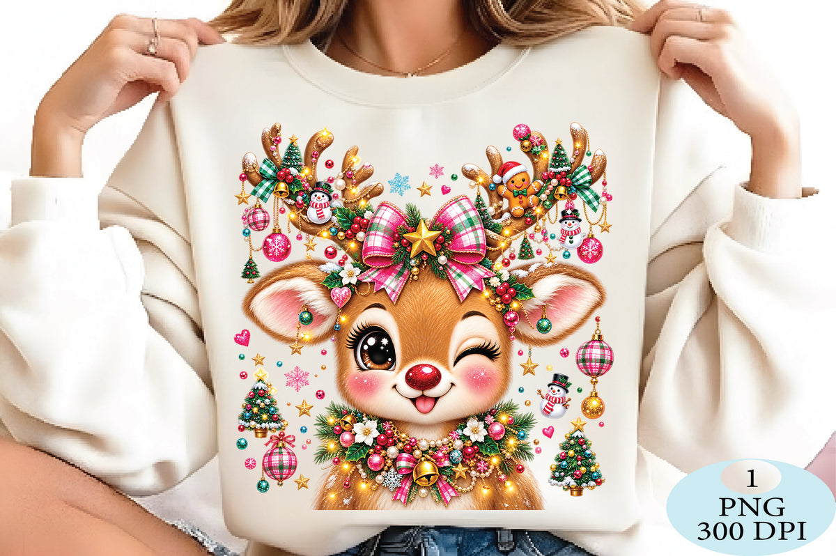 Cute Pink Christmas Reindeer PNG