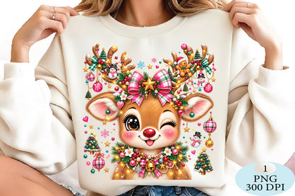 Cute Pink Christmas Reindeer PNG
