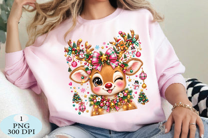 Cute Pink Christmas Reindeer PNG