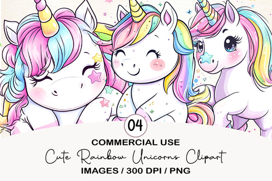 Cute Rainbow Unicorns Clipart PNG Bundle | Adorable Watercolor Fantasy Unicorn Clipart
