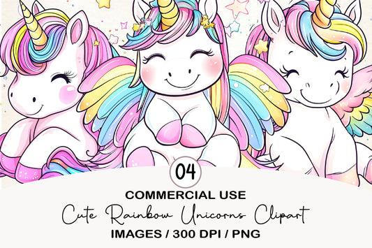 Cute Rainbow Unicorns Clipart PNG Bundle | Magical Watercolor Unicorn Clipart | Pastel Fantasy PNG