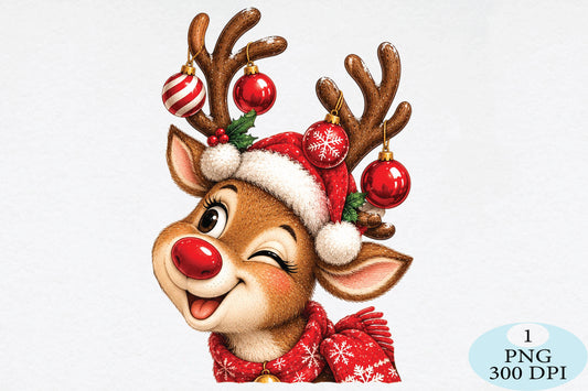 Cute Reindeer Santa Hat Christmas PNG