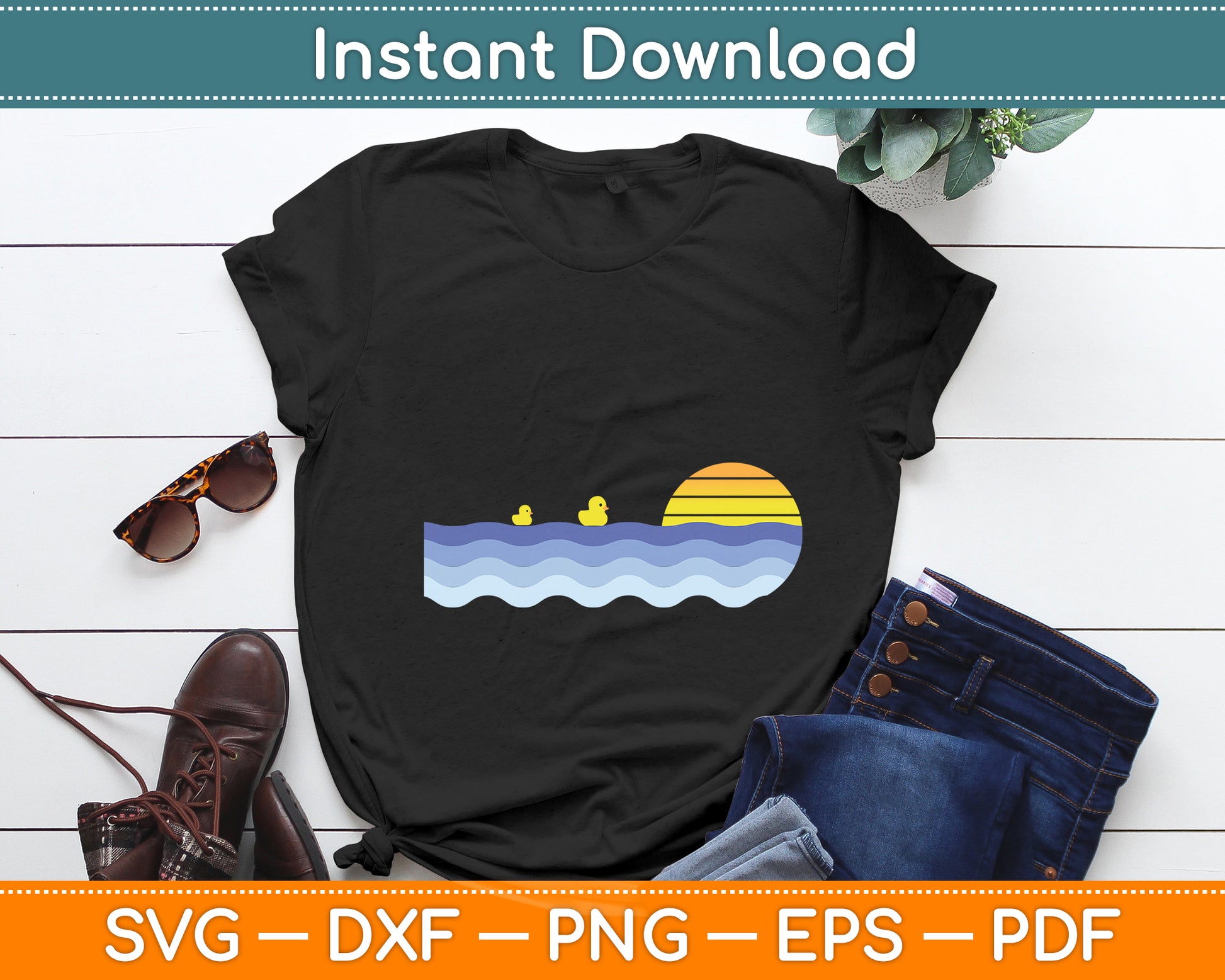 Cute Rubber Duck Vintage Retro Sunset Svg Png Dxf Digital Cutting File