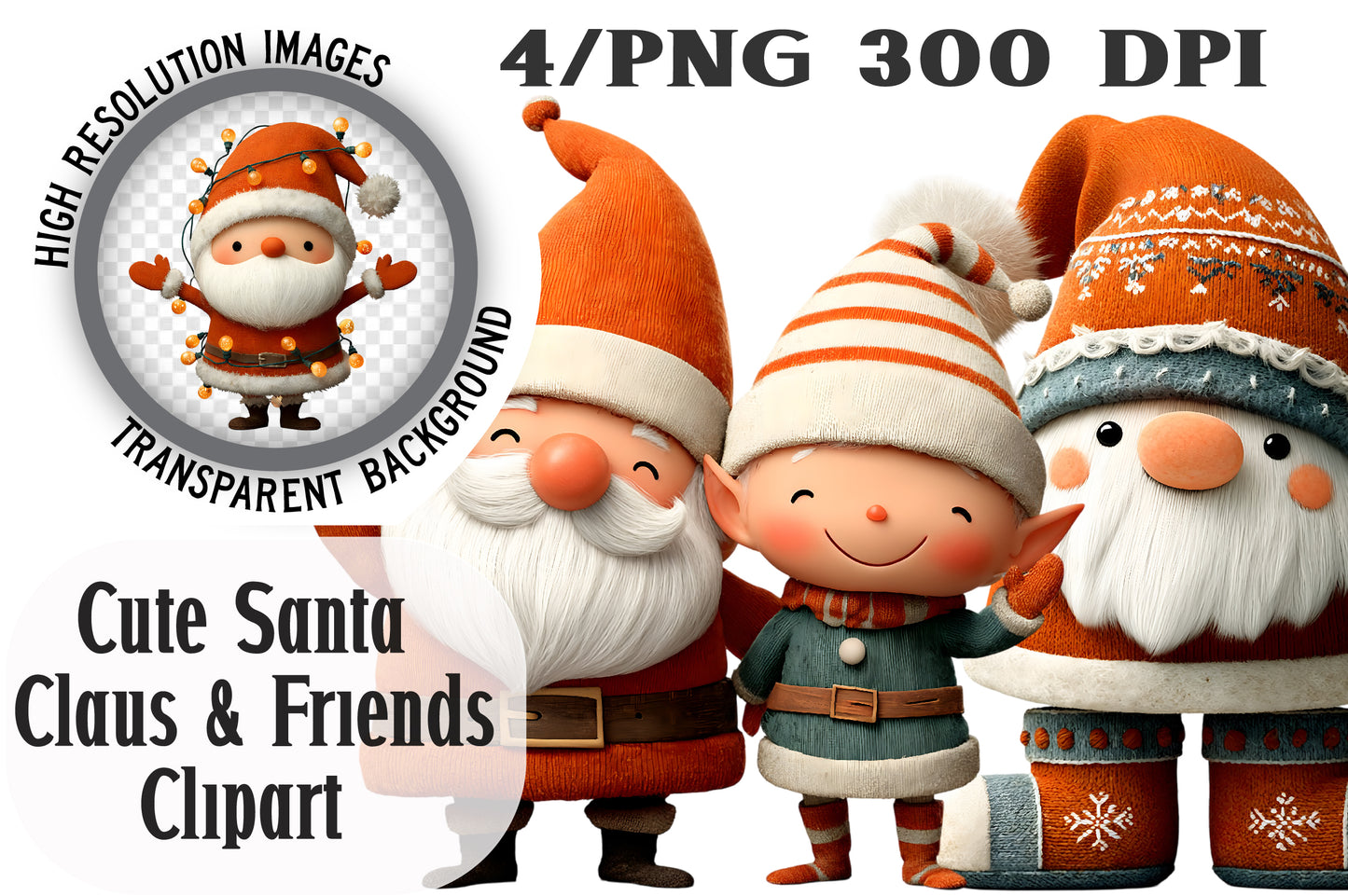 Cute Santa Claus & Friends Christmas Clipart PNG Bundle | Adorable Watercolor Holiday Characters
