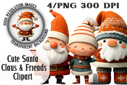 Cute Santa Claus & Friends Christmas Clipart PNG Bundle | Adorable Watercolor Holiday Characters