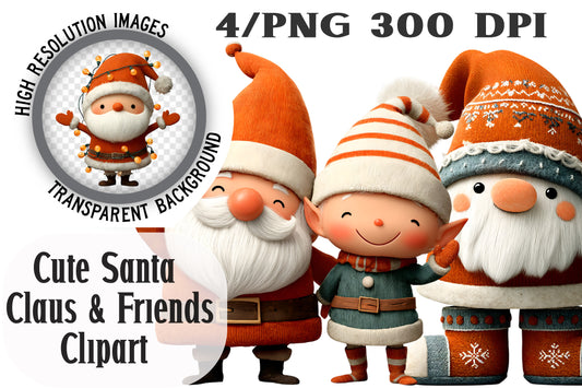 Cute Santa Claus & Friends Christmas Clipart PNG Bundle | Adorable Watercolor Holiday Characters