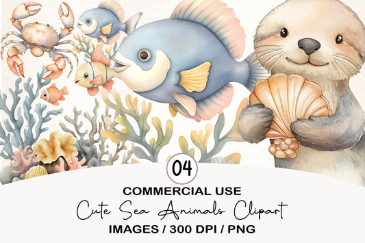 Cute Sea Animals Clipart PNG Bundle | Adorable Watercolor Ocean Animals Clipart