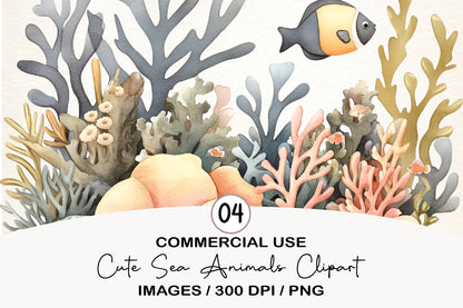 Cute Sea Animals Clipart PNG Bundle | Watercolor Ocean Animals PNG | Adorable Marine Life Clipart