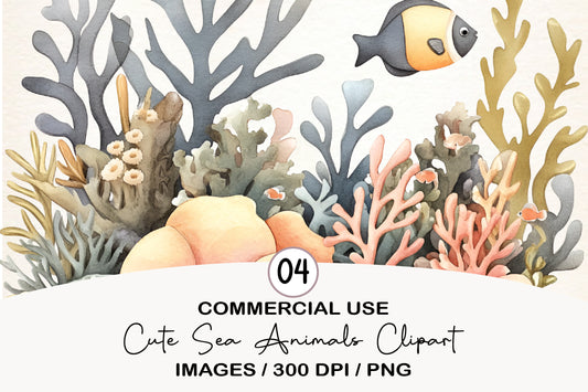 Cute Sea Animals Clipart PNG Bundle | Watercolor Ocean Animals PNG | Adorable Marine Life Clipart