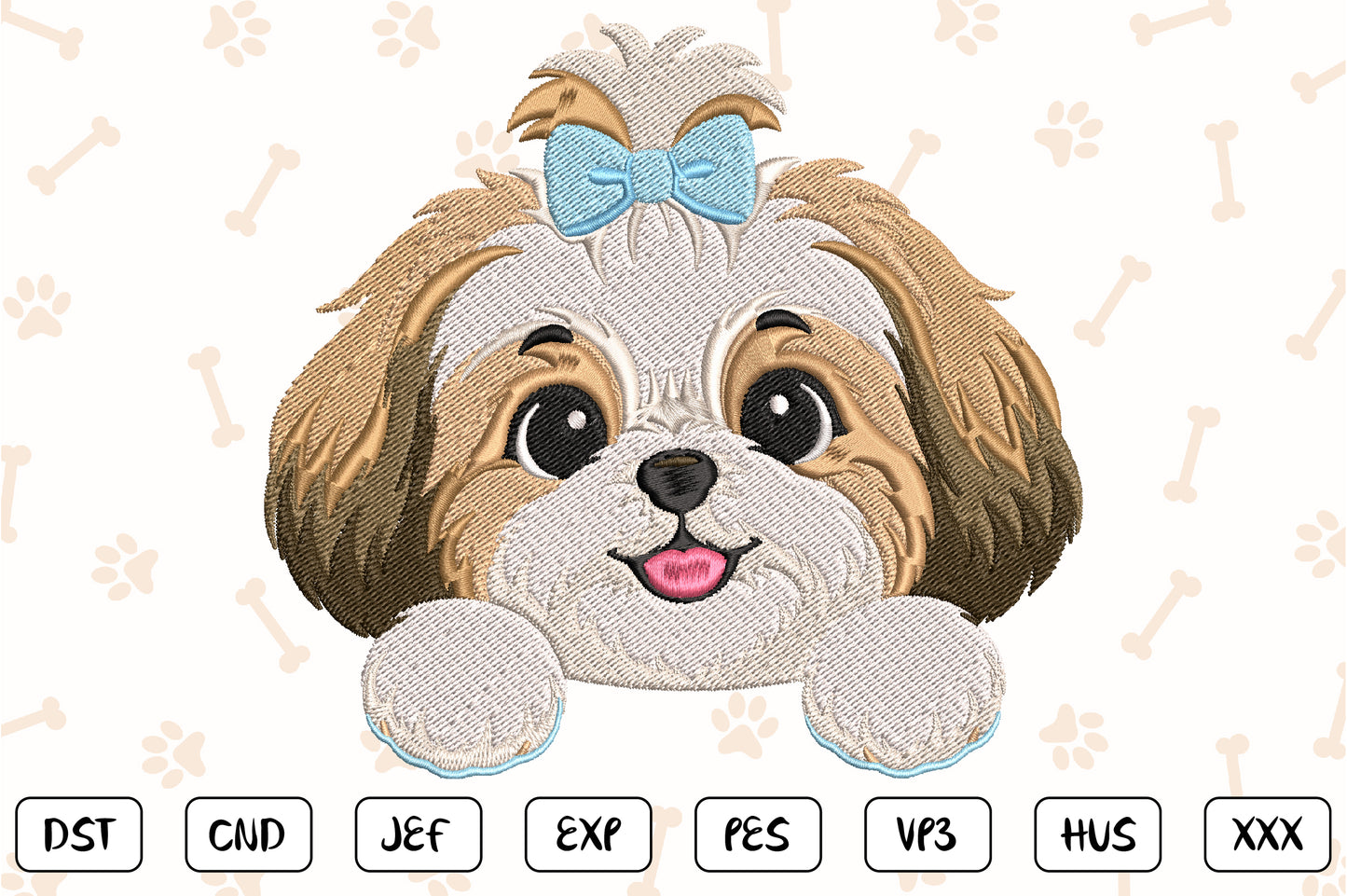 Cute Puppy Peeking Embroidery Design, Adorable Puppy Face Machine Embroidery Pattern with Blue Bow, Kawaii Dog Embroidery Design