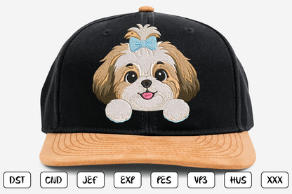 Cute Puppy Peeking Embroidery Design, Adorable Puppy Face Machine Embroidery Pattern with Blue Bow, Kawaii Dog Embroidery Design