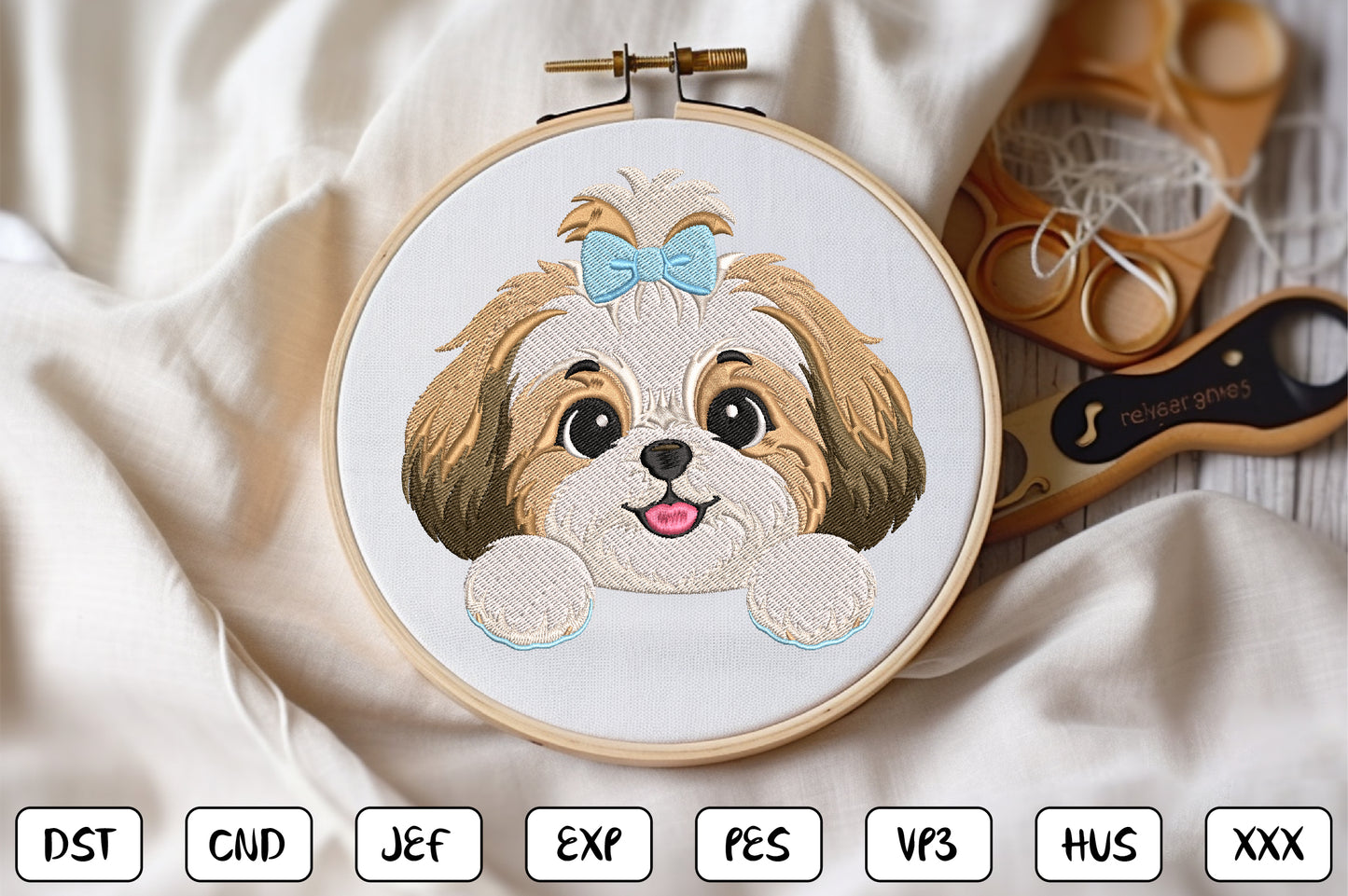 Cute Puppy Peeking Embroidery Design, Adorable Puppy Face Machine Embroidery Pattern with Blue Bow, Kawaii Dog Embroidery Design