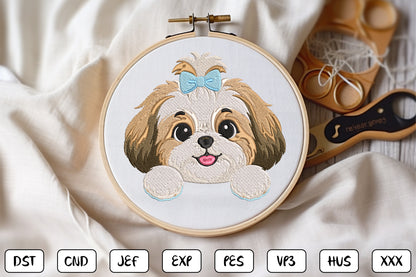 Cute Puppy Peeking Embroidery Design, Adorable Puppy Face Machine Embroidery Pattern with Blue Bow, Kawaii Dog Embroidery Design