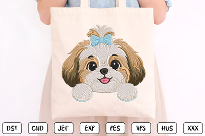 Cute Puppy Peeking Embroidery Design, Adorable Puppy Face Machine Embroidery Pattern with Blue Bow, Kawaii Dog Embroidery Design