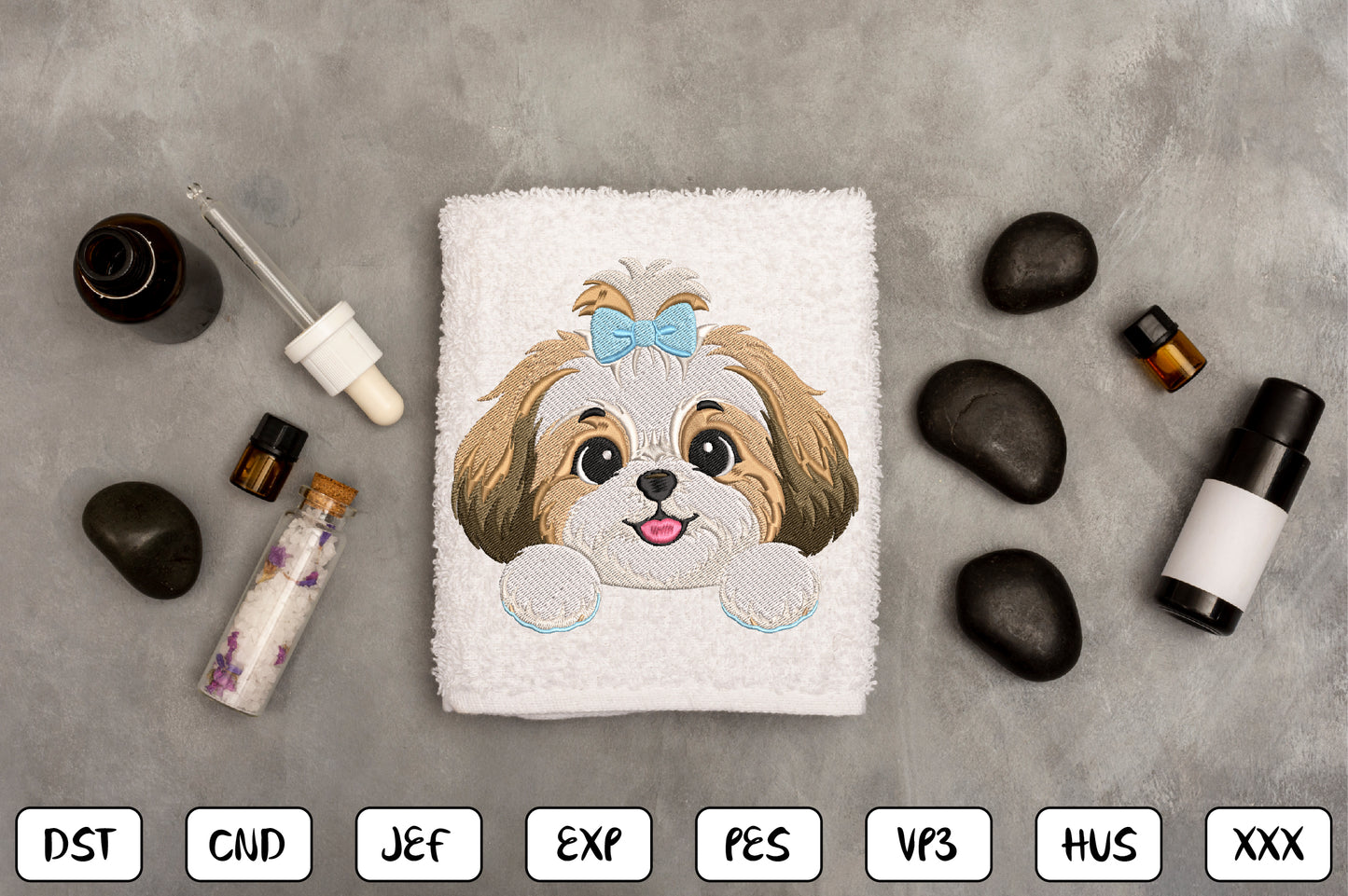 Cute Puppy Peeking Embroidery Design, Adorable Puppy Face Machine Embroidery Pattern with Blue Bow, Kawaii Dog Embroidery Design