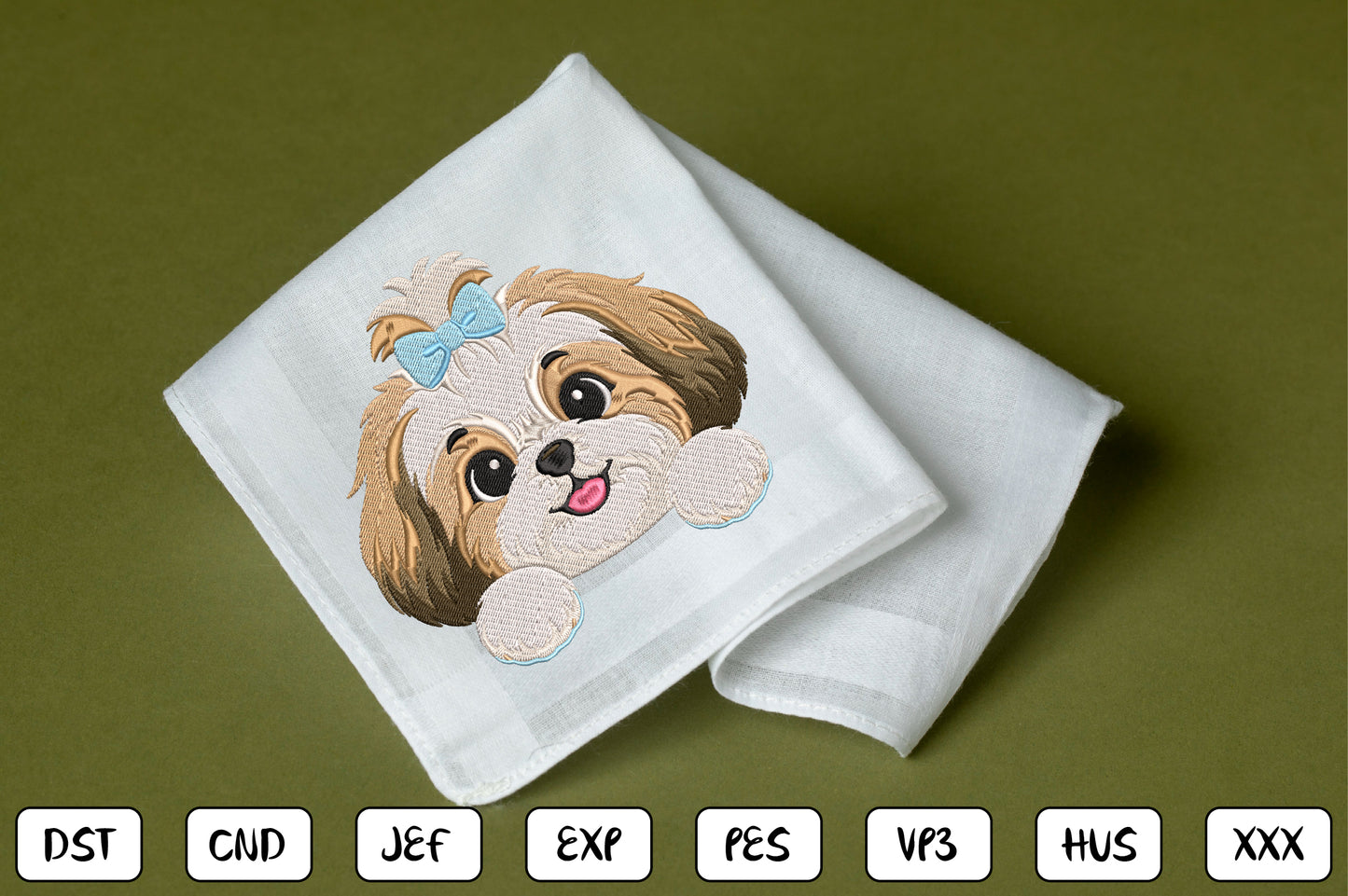 Cute Puppy Peeking Embroidery Design, Adorable Puppy Face Machine Embroidery Pattern with Blue Bow, Kawaii Dog Embroidery Design