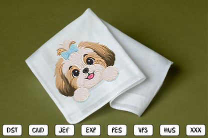 Cute Puppy Peeking Embroidery Design, Adorable Puppy Face Machine Embroidery Pattern with Blue Bow, Kawaii Dog Embroidery Design