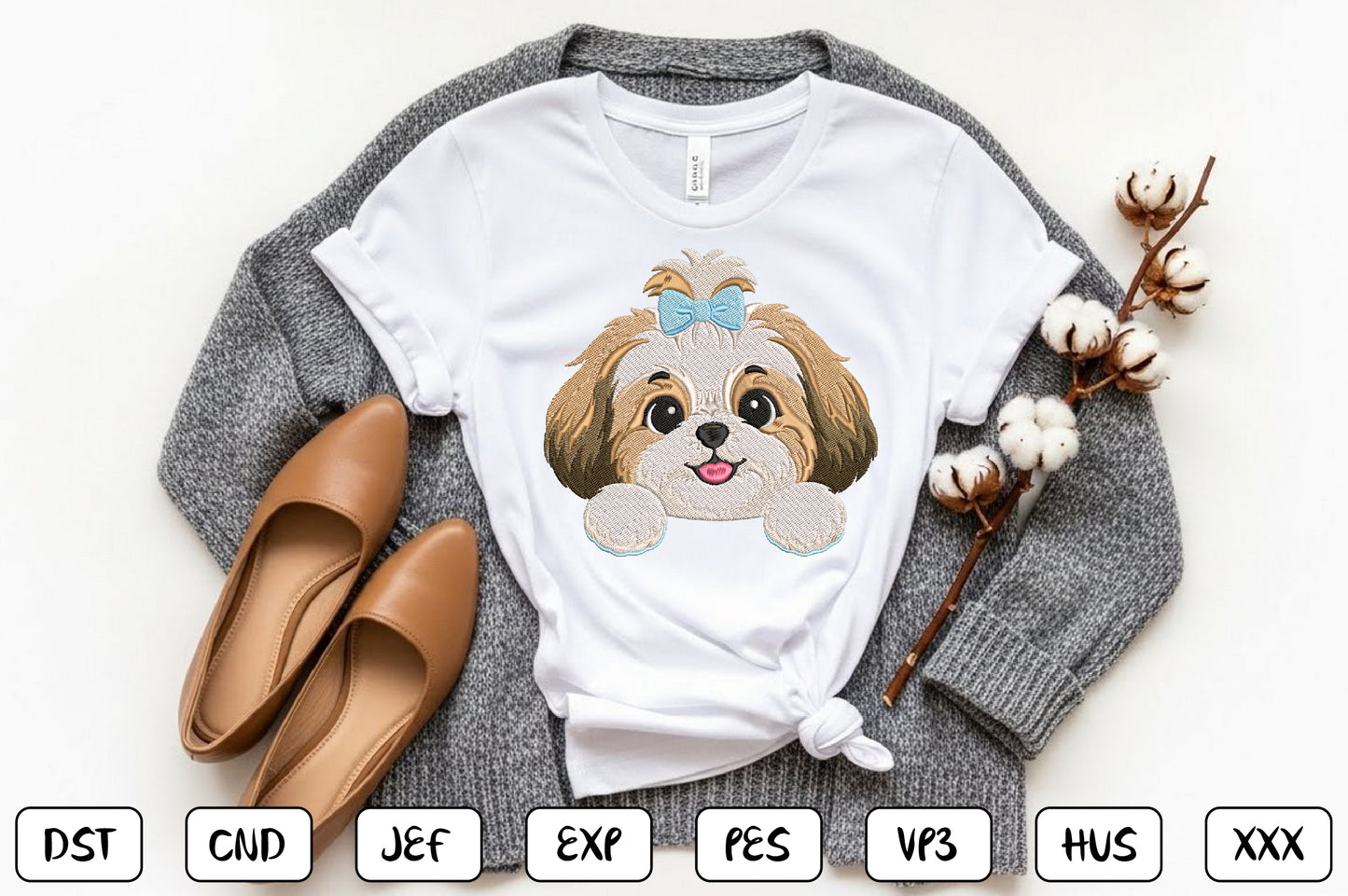 Cute Puppy Peeking Embroidery Design, Adorable Puppy Face Machine Embroidery Pattern with Blue Bow, Kawaii Dog Embroidery Design