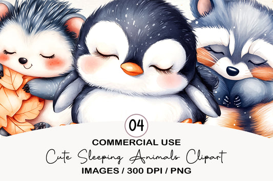Cute Sleeping Animals Clipart PNG Bundle | Adorable Watercolor Sleeping Baby Animals