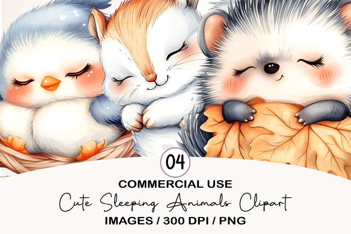 Cute Sleeping Animals Clipart PNG Bundle | Watercolor Baby Woodland Animals | Nursery Clipart