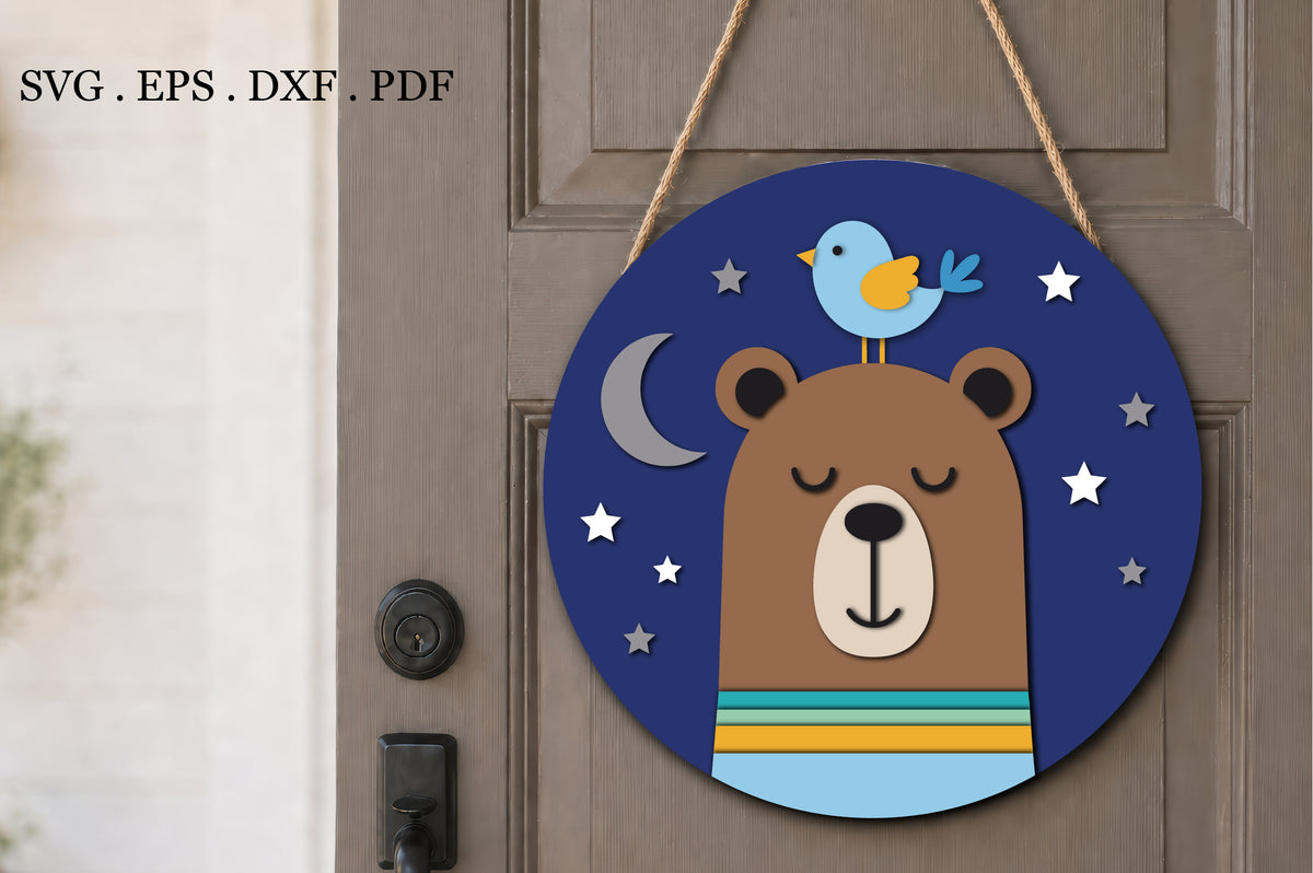 Cute Sleepy Bear Nursery Round Sign SVG