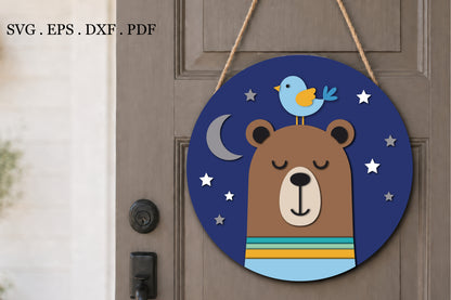 Cute Sleepy Bear Nursery Round Sign SVG
