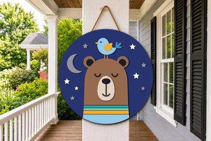 Cute Sleepy Bear Nursery Round Sign SVG