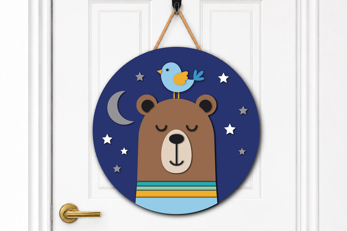 Cute Sleepy Bear Nursery Round Sign SVG