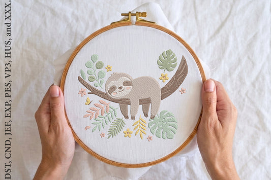 Cute Sloth Embroidery Design – Adorable Sloth Machine Embroidery Pattern, Kawaii Animal Embroidery Design
