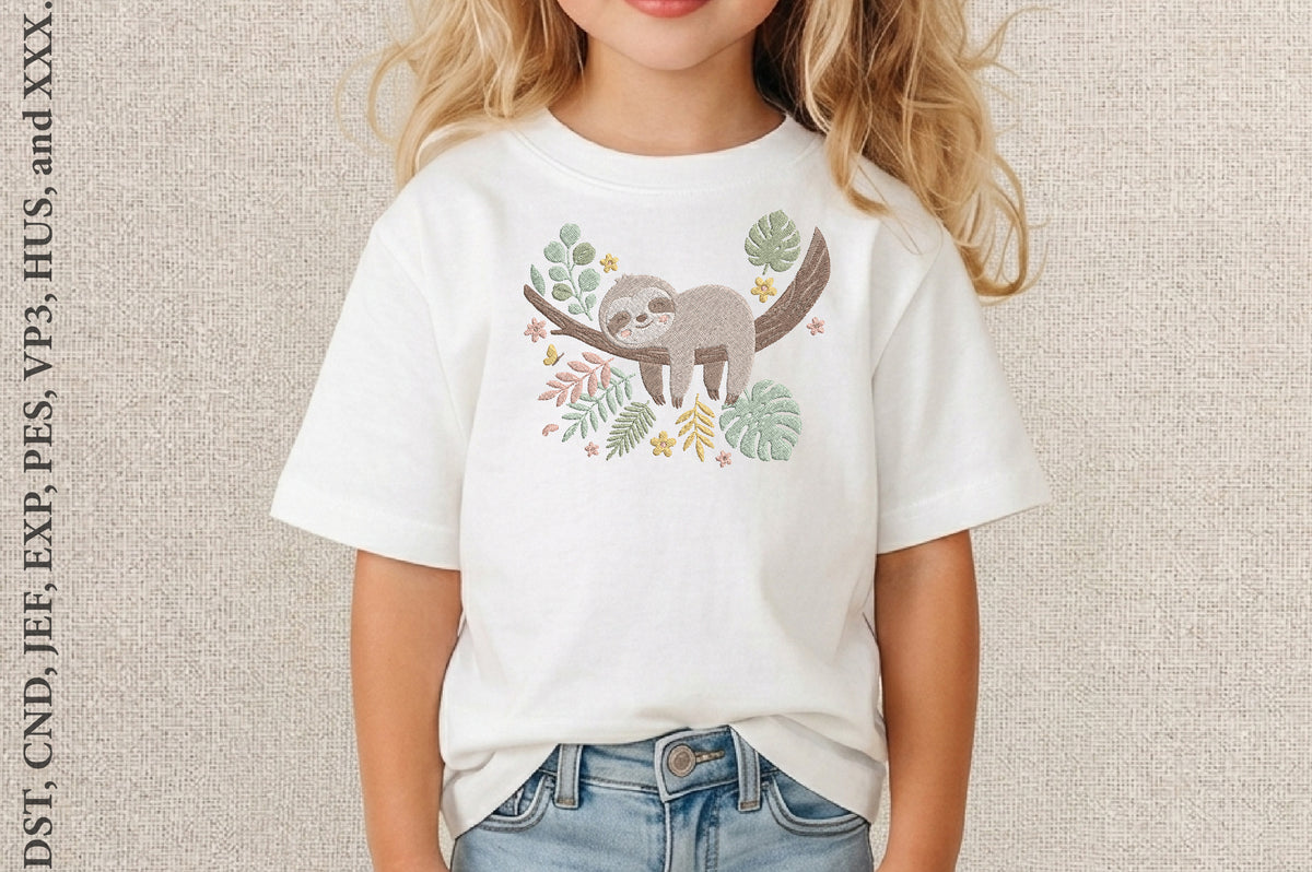 Cute Sloth Embroidery Design – Adorable Sloth Machine Embroidery Pattern, Kawaii Animal Embroidery Design