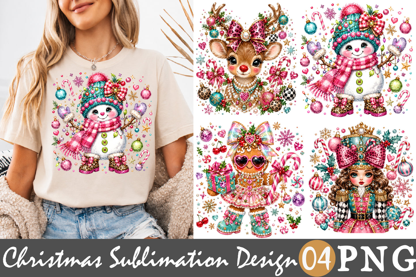 Cute Christmas Snowman Reindeer Gingerbread Nutcracker PNG Pink Holiday Sublimation Design