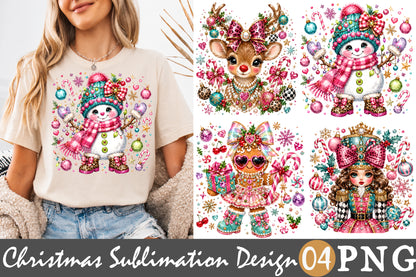 Cute Christmas Snowman Reindeer Gingerbread Nutcracker PNG Pink Holiday Sublimation Design