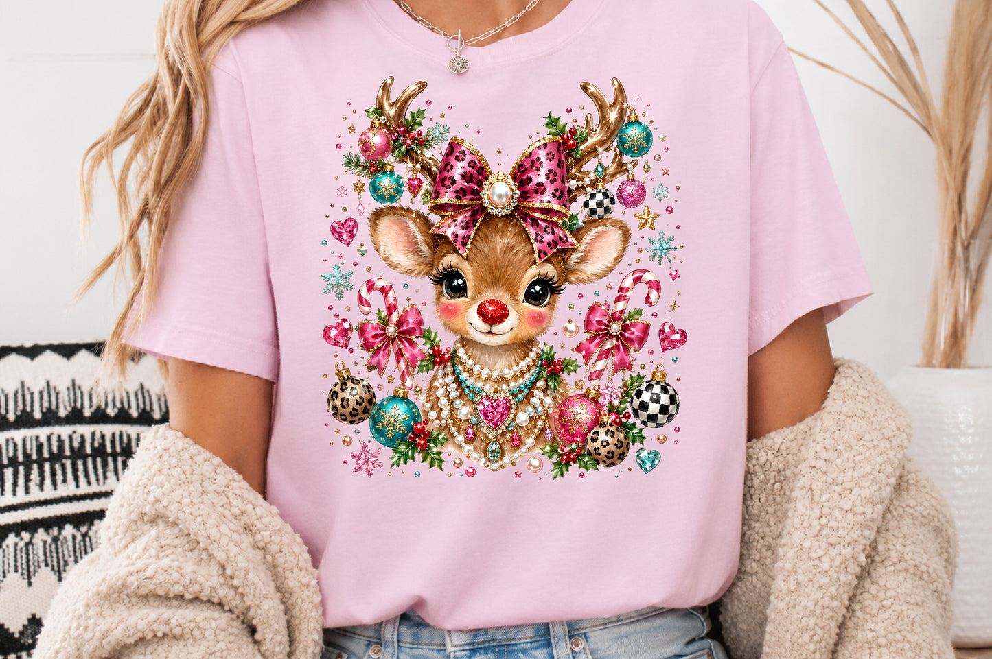 Cute Christmas Snowman Reindeer Gingerbread Nutcracker PNG Pink Holiday Sublimation Design