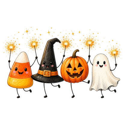 Cute Halloween Characters PNG | Candy Corn Ghost Pumpkin Witch Hat Halloween Clipart | Spooky Fall Sublimation Design
