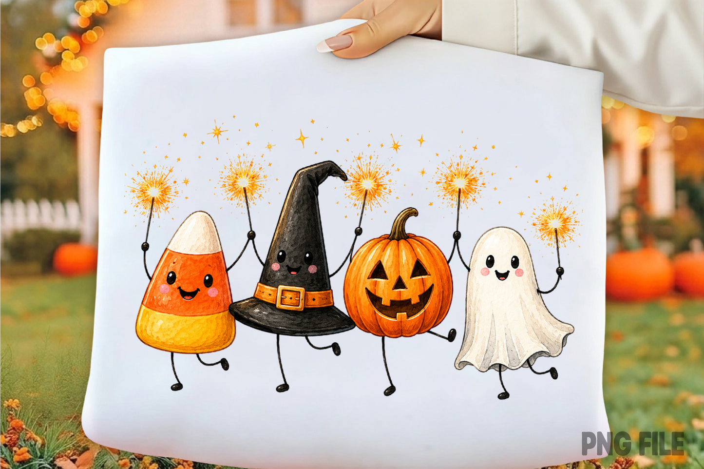 Cute Halloween Characters PNG | Candy Corn Ghost Pumpkin Witch Hat Halloween Clipart | Spooky Fall Sublimation Design