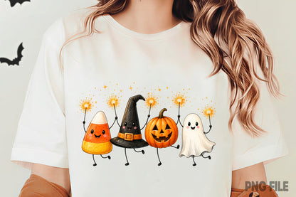 Cute Halloween Characters PNG | Candy Corn Ghost Pumpkin Witch Hat Halloween Clipart | Spooky Fall Sublimation Design