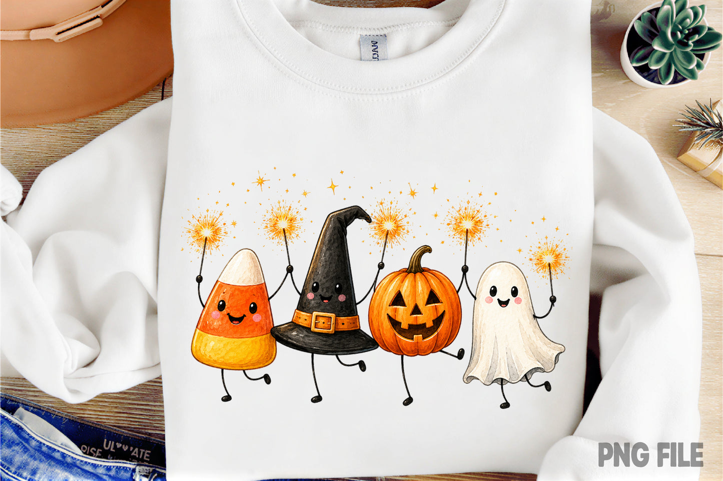 Cute Halloween Characters PNG | Candy Corn Ghost Pumpkin Witch Hat Halloween Clipart | Spooky Fall Sublimation Design