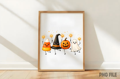 Cute Halloween Characters PNG | Candy Corn Ghost Pumpkin Witch Hat Halloween Clipart | Spooky Fall Sublimation Design
