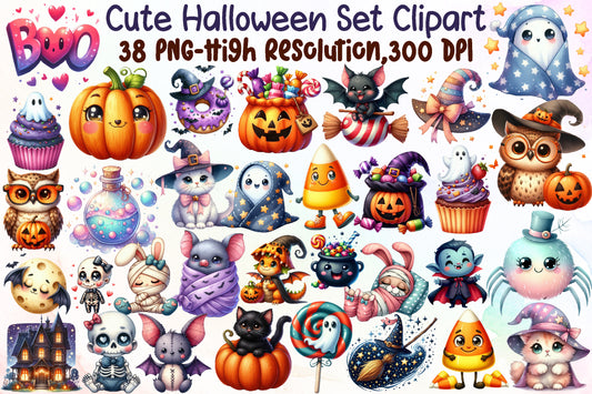 Cute Watercolor Halloween Set Clipart 38 PNG