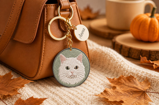 Cute White Cat Key Ring Embroidery Design