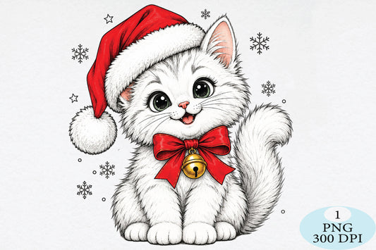 Cute White Cat Santa Christmas PNG