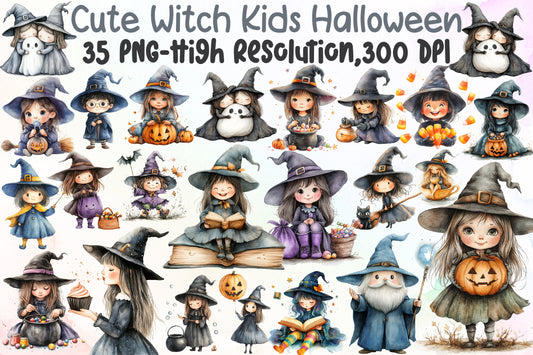 Cute Witch Kids Halloween Clipart 35 PNG