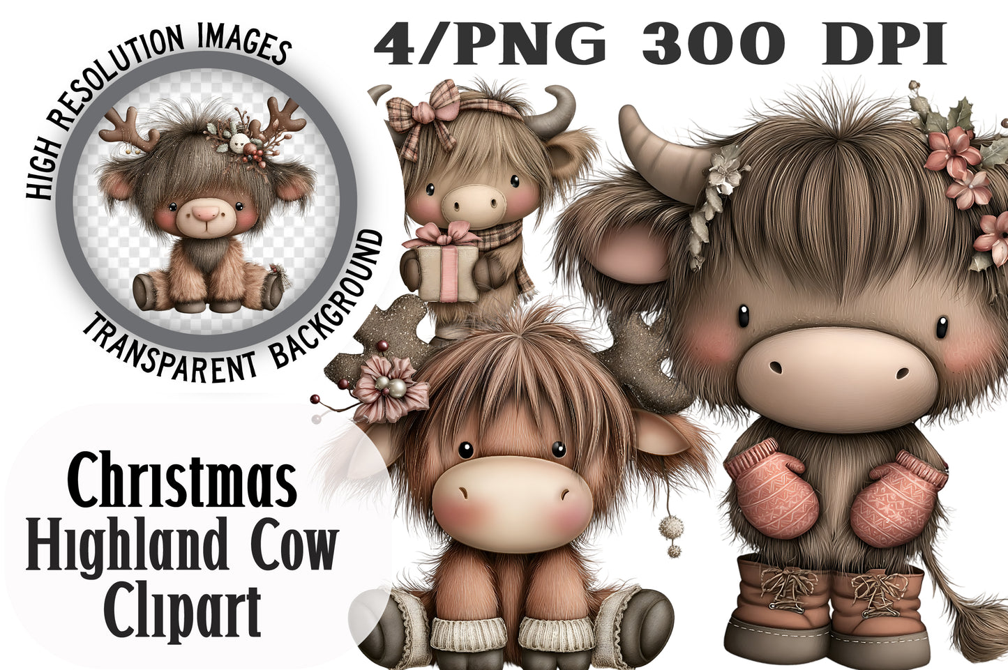 Cute Christmas Highland Cow Clipart PNG