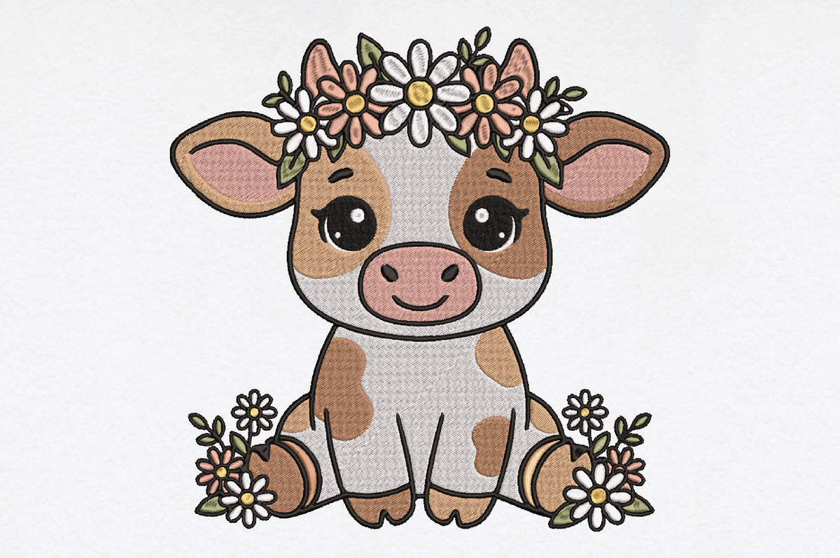 Cute Cow And Flower Embroidery Design