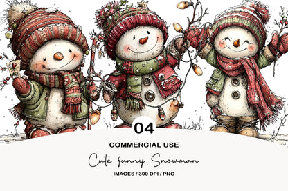 Cute Funny Snowman Clipart PNG Bundle | Adorable Watercolor Christmas Snowman Clipart | Festive Winter Snowman PNG