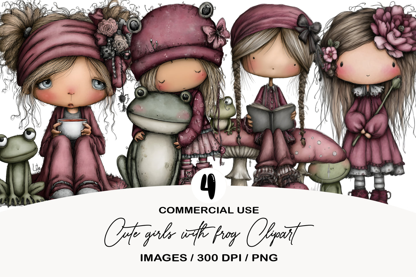 Cute Girls with Frog Clipart PNG Bundle | Adorable Watercolor Girl & Frog Clipart | Kawaii Frog Friends PNG